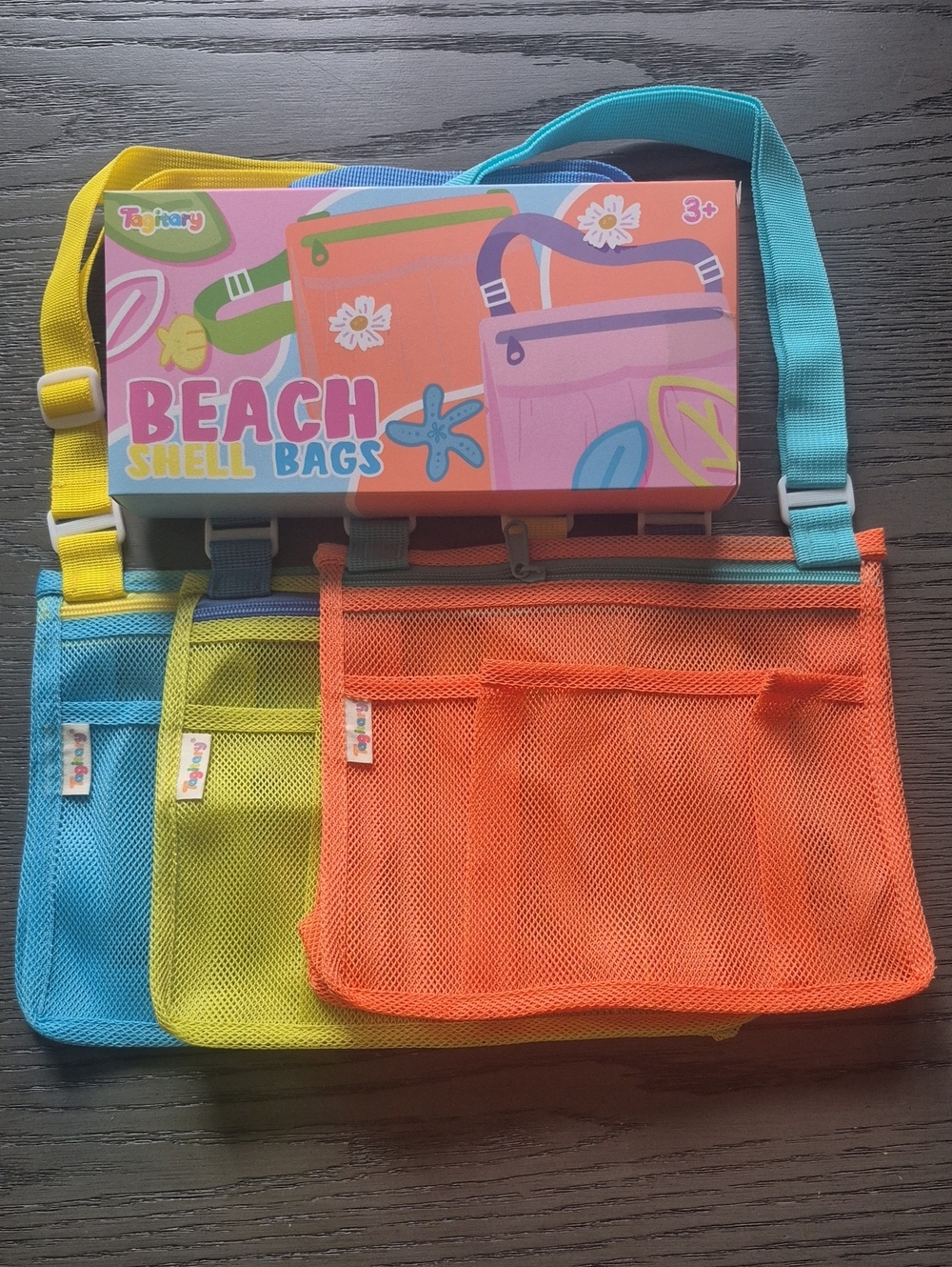 Kids Beach Shell Mesh Bag Set - Blue, Yellow, Orange